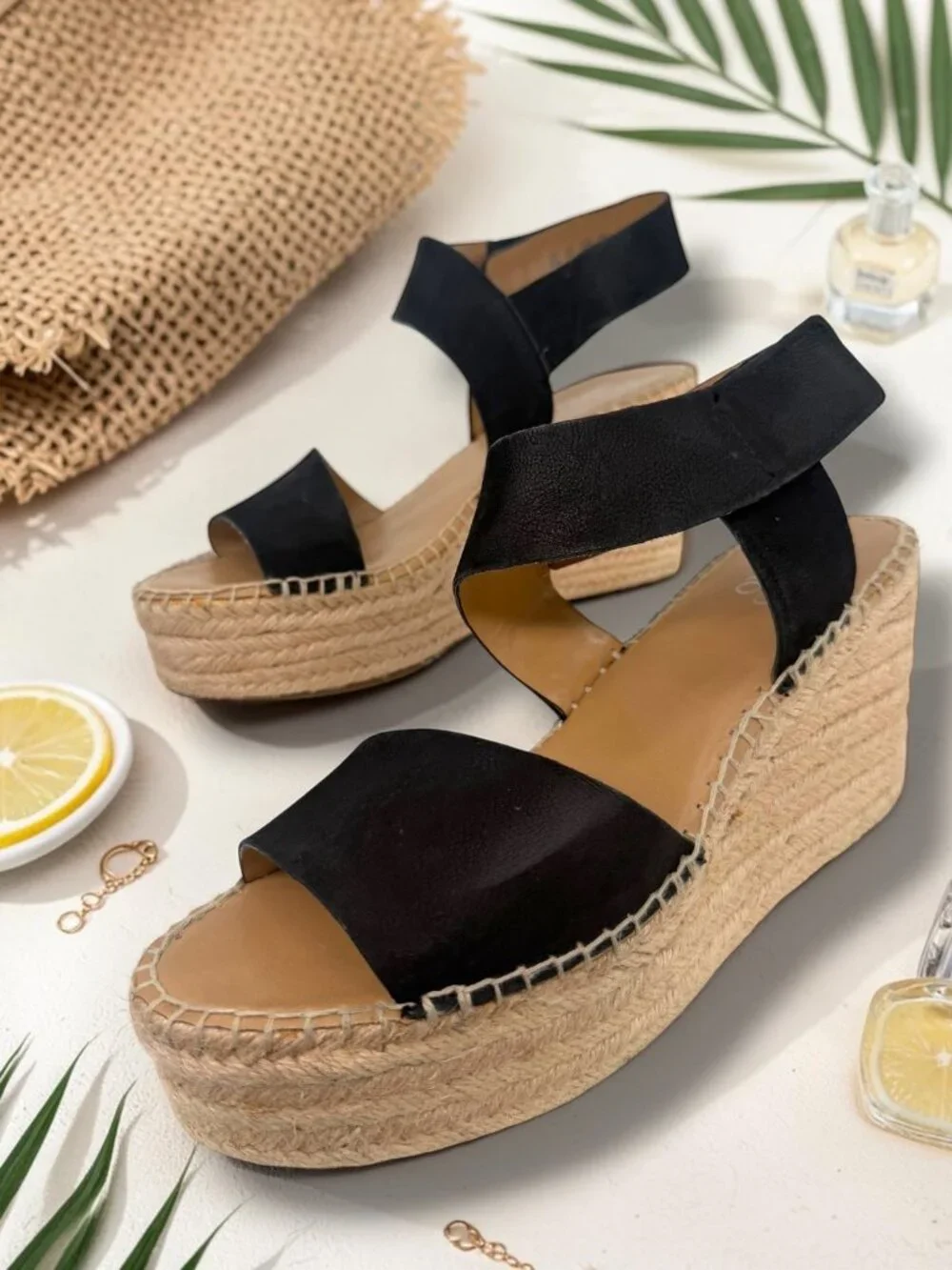 Franco Sarto Tulsa Black Leather Rope Espadrille Wedge Sandals 10